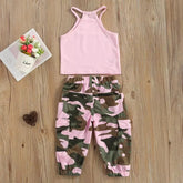 Pink halter crop top and pink-green camouflage cargo pants set, cotton, relaxed fit