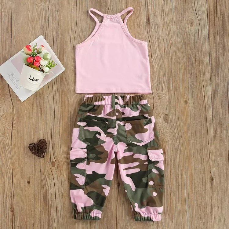 Pink halter crop top and pink-green camouflage cargo pants set, cotton, relaxed fit