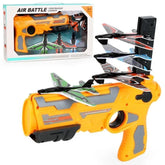 Colorful toy plane launcher gun with four foam airplanes, bright orange and gray plastic design