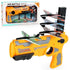 Colorful toy plane launcher gun with four foam airplanes, bright orange and gray plastic design