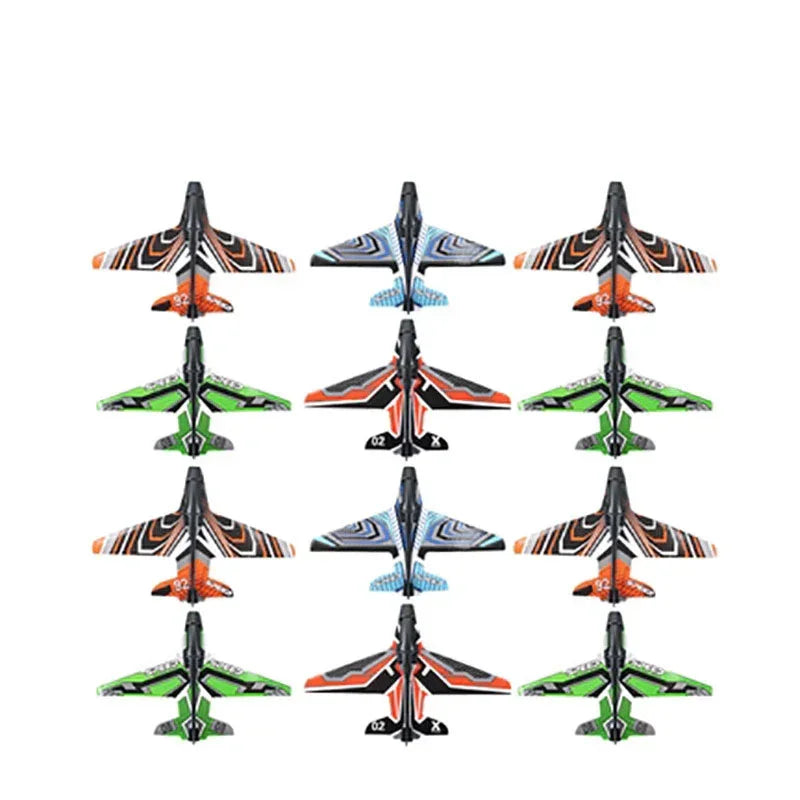 Colorful foam toy glider jets in orange, blue, green, and black geometric patterns