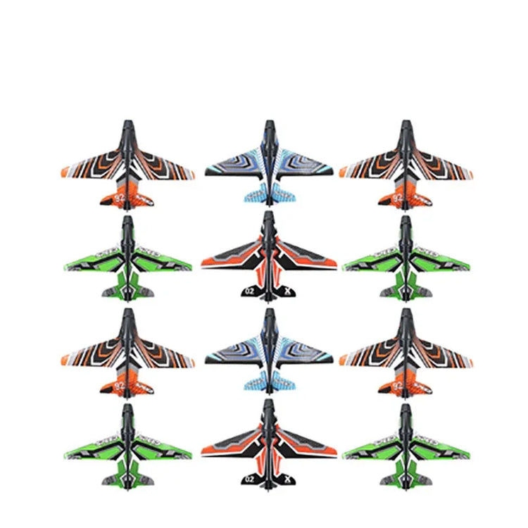 Colorful foam toy glider jets in orange, blue, green, and black geometric patterns