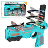 Futuristic turquoise and gray toy launcher with four colorful foam airplanes, ergonomic grip