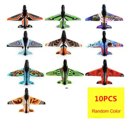 Set of ten colorful foam glider planes in assorted designs and bold patterns, random colors