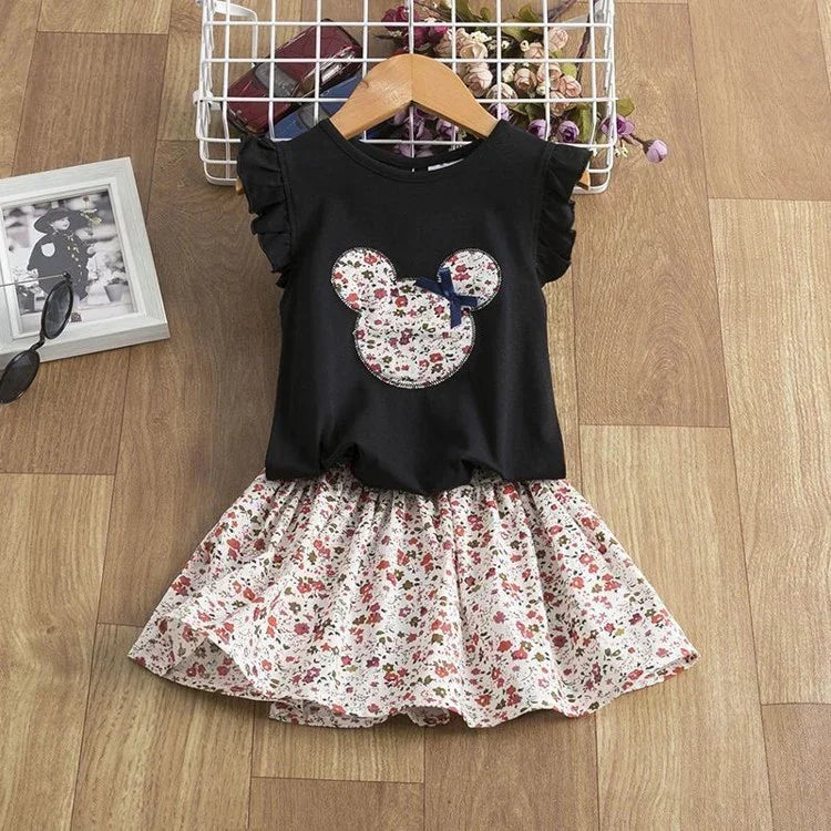 Girls black ruffle sleeve top with floral pattern applique and matching floral skirt set