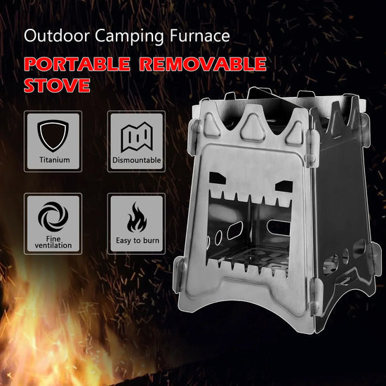 Portable titanium camping stove, silver color, dismountable design, fine ventilation, compact fit.