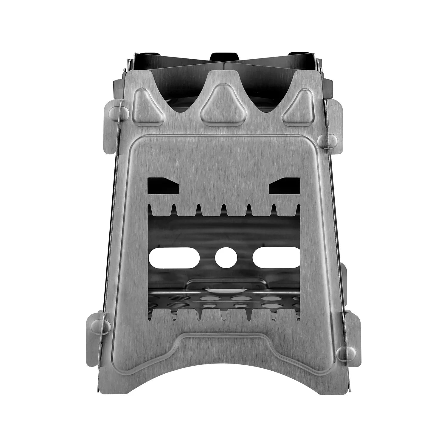 Futuristic silver stainless steel portable stove with geometric cutouts and compact design
