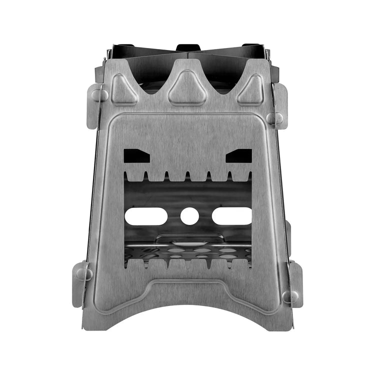 Futuristic silver stainless steel portable stove with geometric cutouts and compact design