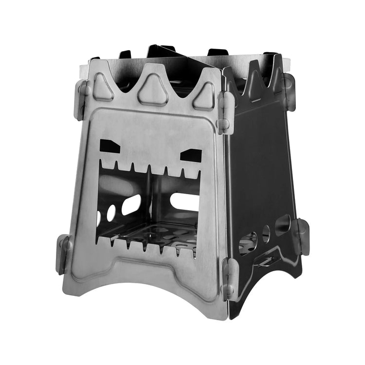 Stainless steel portable wood stove with angular cutouts and monster face design
