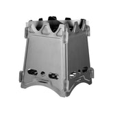 Futuristic silver metal collapsible stove with vented panels and geometric edges