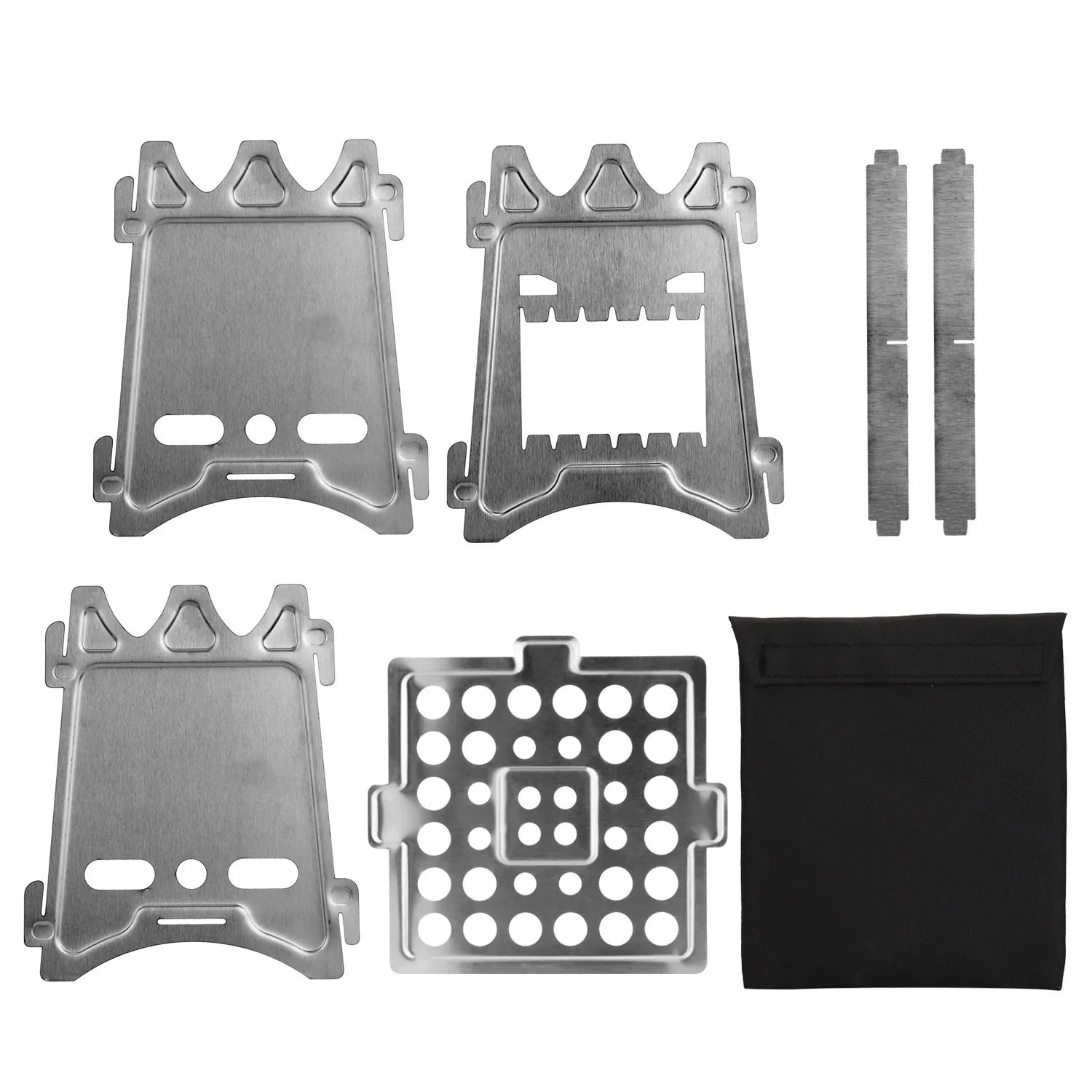 Stainless steel portable stove set with flat metal panels, perforated base, and black carrying pouch