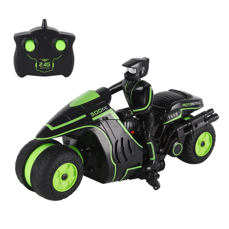 Black and neon green remote control motorcycle toy with rider, futuristic design, rubber tires