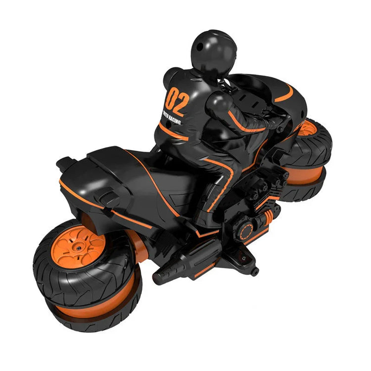 Black and orange futuristic streetwear racing suit on motorcycle figure