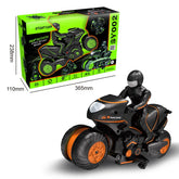 Black and orange remote control stunt motorcycle toy with racer figure and product box.