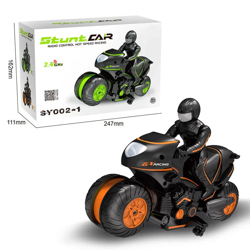 Black and orange streetwear-style motorcycle toy set with rider figure, featuring a sleek, fitted design and glossy material.