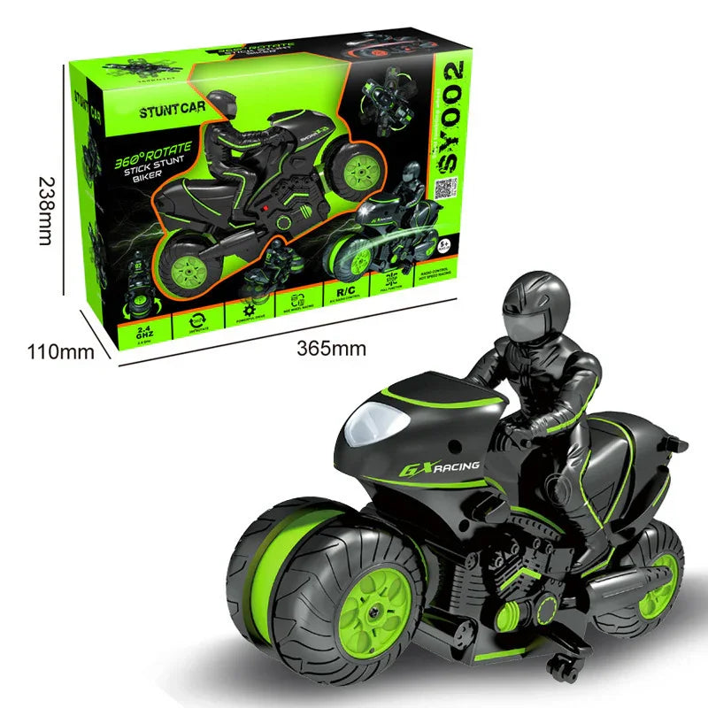 Black and neon green remote control stunt motorcycle toy with rider, sporty design, box shown