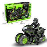 Black and neon green remote control stunt motorcycle toy with rider, sporty design, box shown