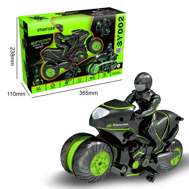Black and neon green remote control stunt motorcycle toy with rider, sporty design, box shown