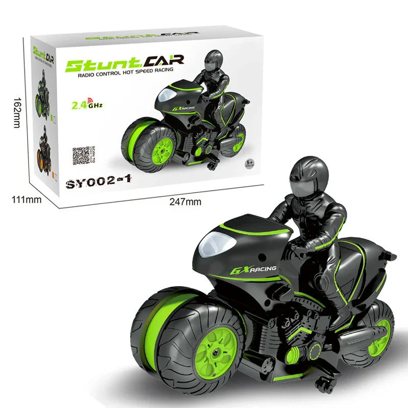 Black and neon green toy motorcycle with rider, sleek design, synthetic material, slim fit