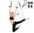 Woman in black crop top and leggings using white aerial yoga swing, demonstrating a split pose.