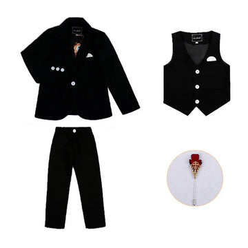 Boys' black formal suit set with blazer, vest, pants, and decorative lapel pin