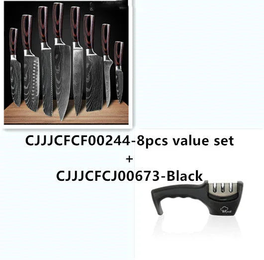 8-piece black Damascus-style kitchen knife set with ergonomic handles and a black handheld sharpener