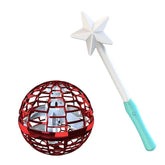 Red metallic flying orb toy with white star wand and blue handle on white background
