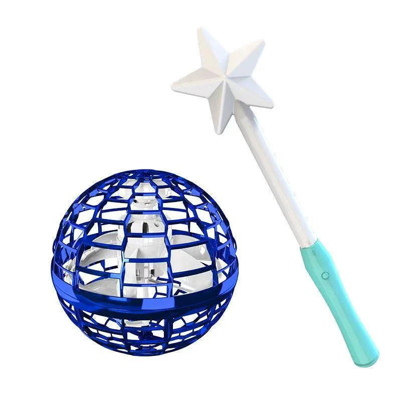 Blue mesh drone ball toy with white star-tipped wand on plain background