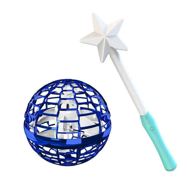 Blue mesh drone ball toy with white star-tipped wand on plain background