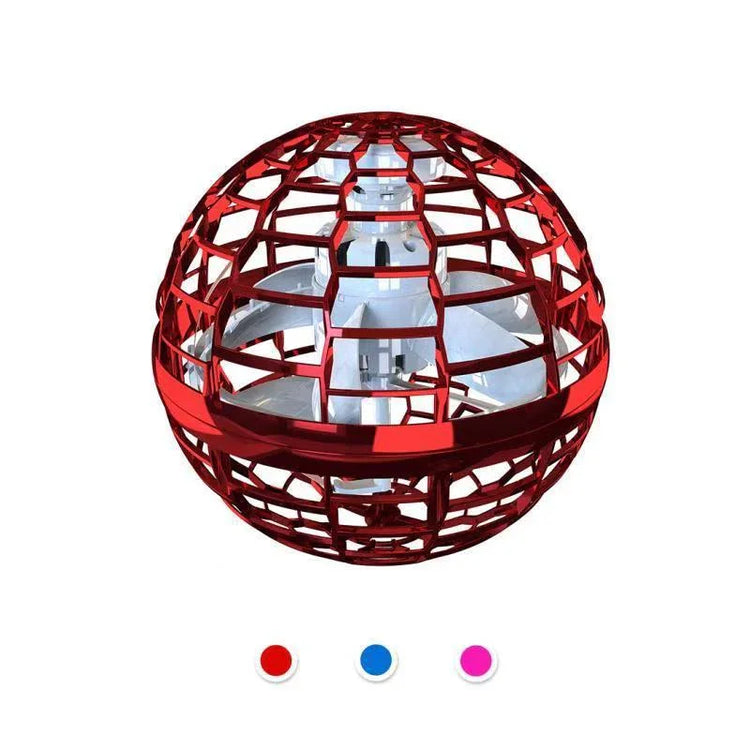 Red metallic spherical drone toy with open lattice design, shown with color options below.