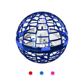 Blue metallic spherical drone toy with open lattice design and internal rotor, on white background.