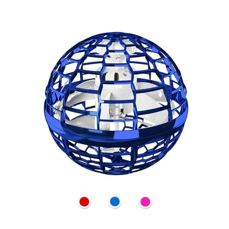Blue metallic spherical drone toy with open lattice design and internal rotor, on white background.