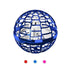 Blue metallic spherical drone toy with open lattice design and internal rotor, on white background.
