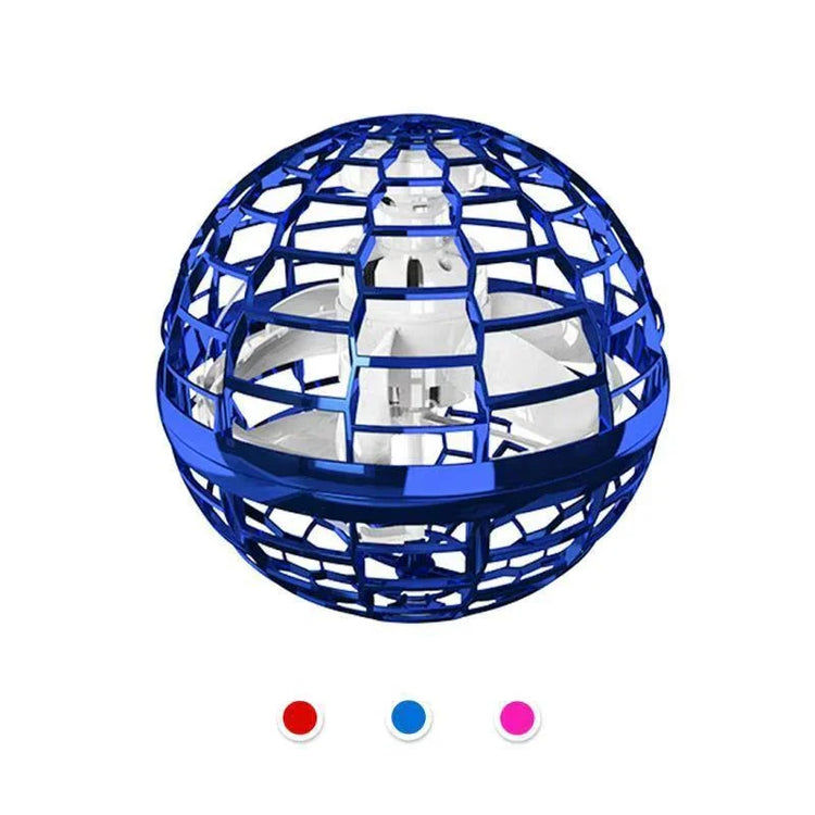 Blue metallic spherical drone toy with open lattice design and internal rotor, on white background.