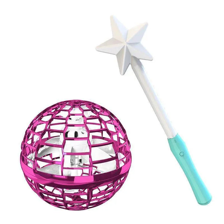 Pink mesh flying ball toy with white star-shaped wand and blue handle on white background
