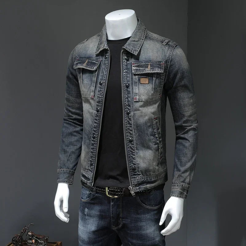 Slim fit faded denim jacket with front chest pockets and black t-shirt, streetwear style