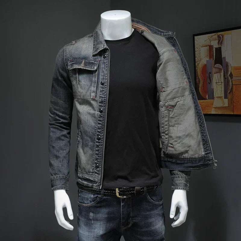 Mannequin in faded grey denim jacket and black t-shirt, slim fit streetwear style