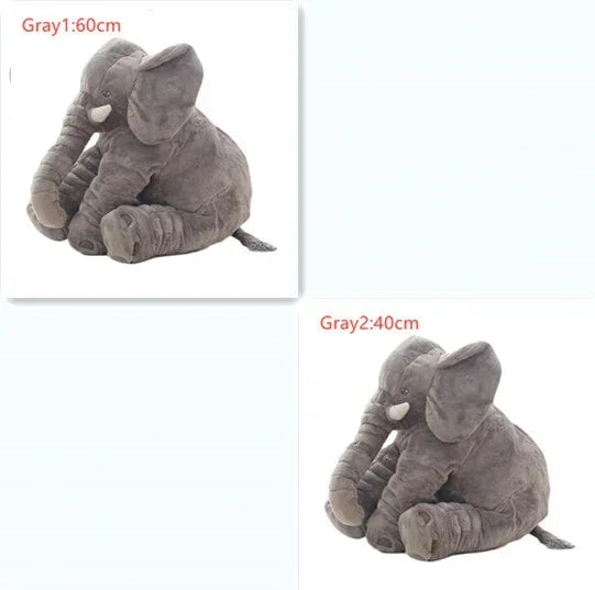 Plush gray elephant toy, soft fabric, shown in 60cm and 40cm sizes, sitting pose.