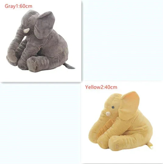 Gray and yellow plush elephant toys in soft fabric, sitting, with size labels 60cm and 40cm.