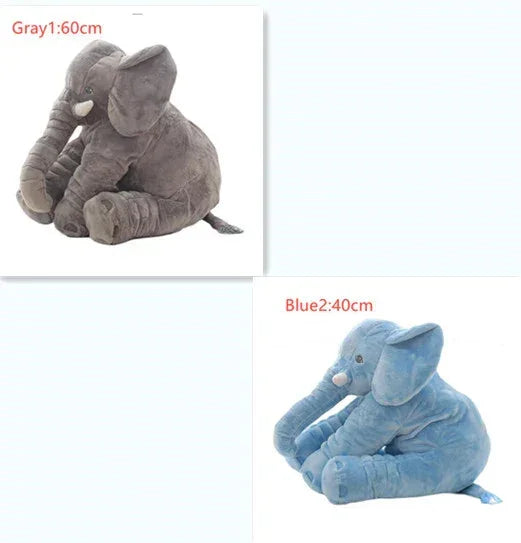 Gray and blue plush elephant toys in seated position, soft fabric, two sizes shown