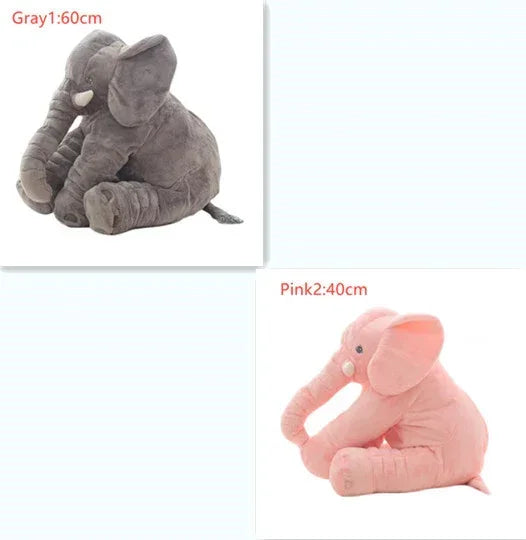 Soft plush elephant toys in gray and pink, sitting, different sizes, cuddly fabric