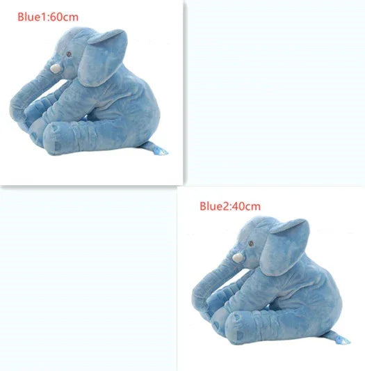 Soft blue elephant plush toy in 60cm and 40cm sizes, velvety fabric, rounded shape.