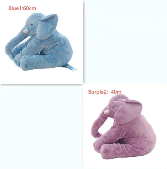 Blue and purple plush elephant toys, soft fabric, sitting position, two sizes displayed