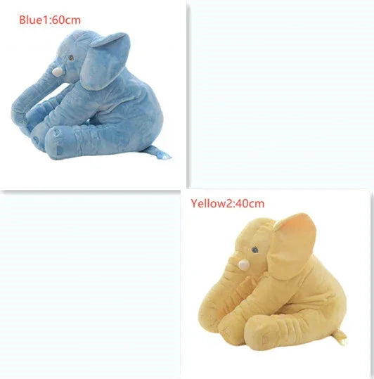 Plush elephant toys in soft blue and yellow, velvet material, large and small sizes, sitting pose