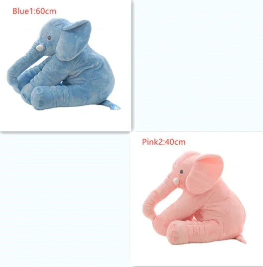 Blue and pink plush elephant toys, soft fabric, sitting pose, available in 60cm and 40cm sizes.