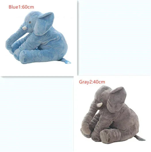 Blue and gray plush elephant toys, soft material, sitting pose, two sizes: 60cm and 40cm.