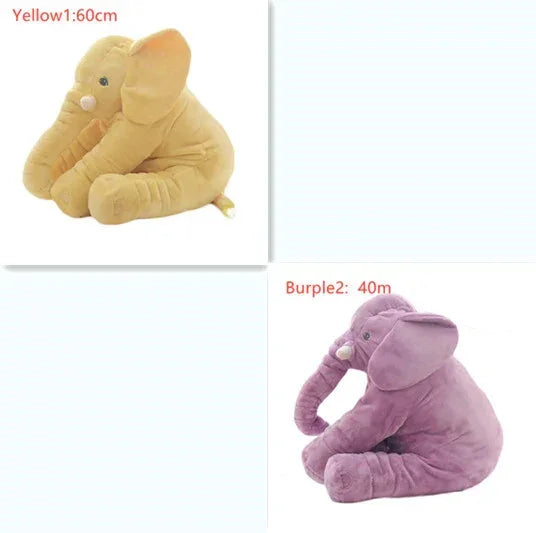 Plush elephant toys in yellow and purple, soft fabric, large ears, sitting pose, two sizes