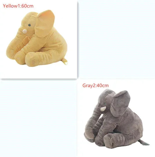Soft plush elephant toys in yellow and gray, sitting side by side, shown in two sizes