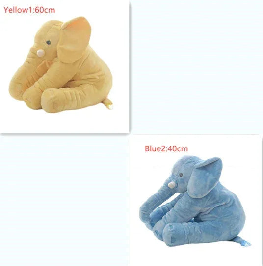 Yellow and blue plush elephant toys in soft fabric, shown in 60cm and 40cm sizes.