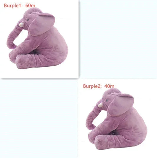 Two sizes of purple plush elephant toy, soft fabric, sitting pose, side profile view.